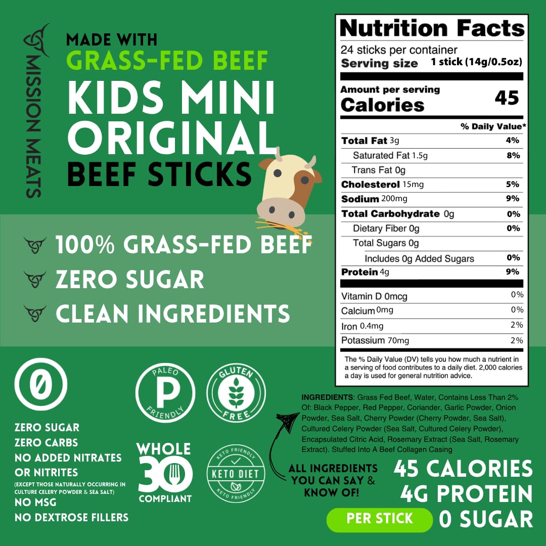 Mission Meats Kids Beef Sticks – 0.5oz, 24-Pack, Grass-Fed, Zero Sugar, 4g Protein, Gluten & Nut Free