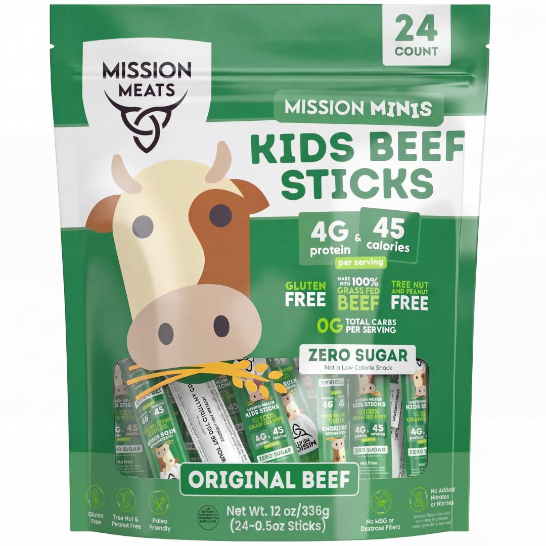 Mission Meats Kids Beef Sticks – 0.5oz, 24-Pack, Grass-Fed, Zero Sugar, 4g Protein, Gluten & Nut Free
