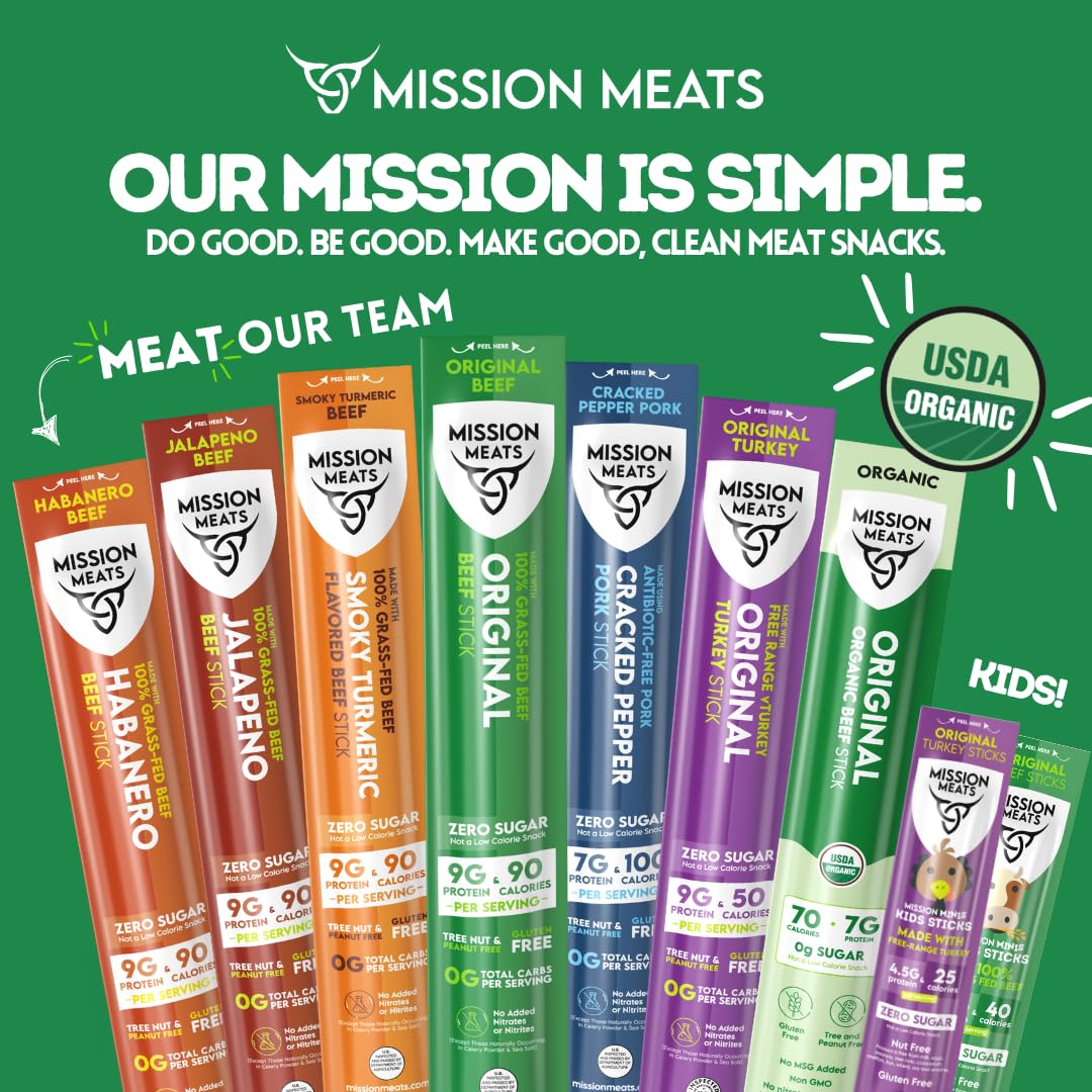 Mission Meats Kids Beef Sticks – 0.5oz, 24-Pack, Grass-Fed, Zero Sugar, 4g Protein, Gluten & Nut Free