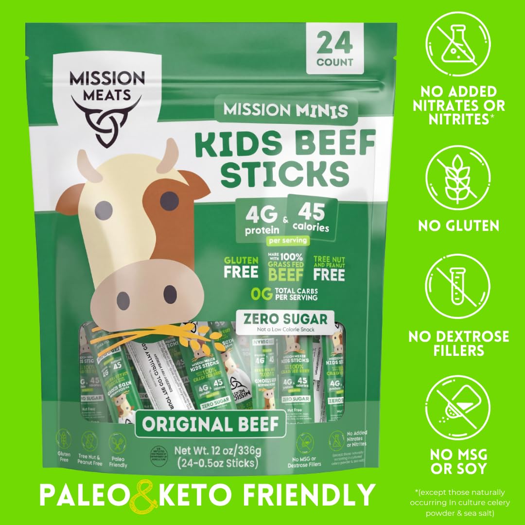 Mission Meats Kids Beef Sticks – 0.5oz, 24-Pack, Grass-Fed, Zero Sugar, 4g Protein, Gluten & Nut Free