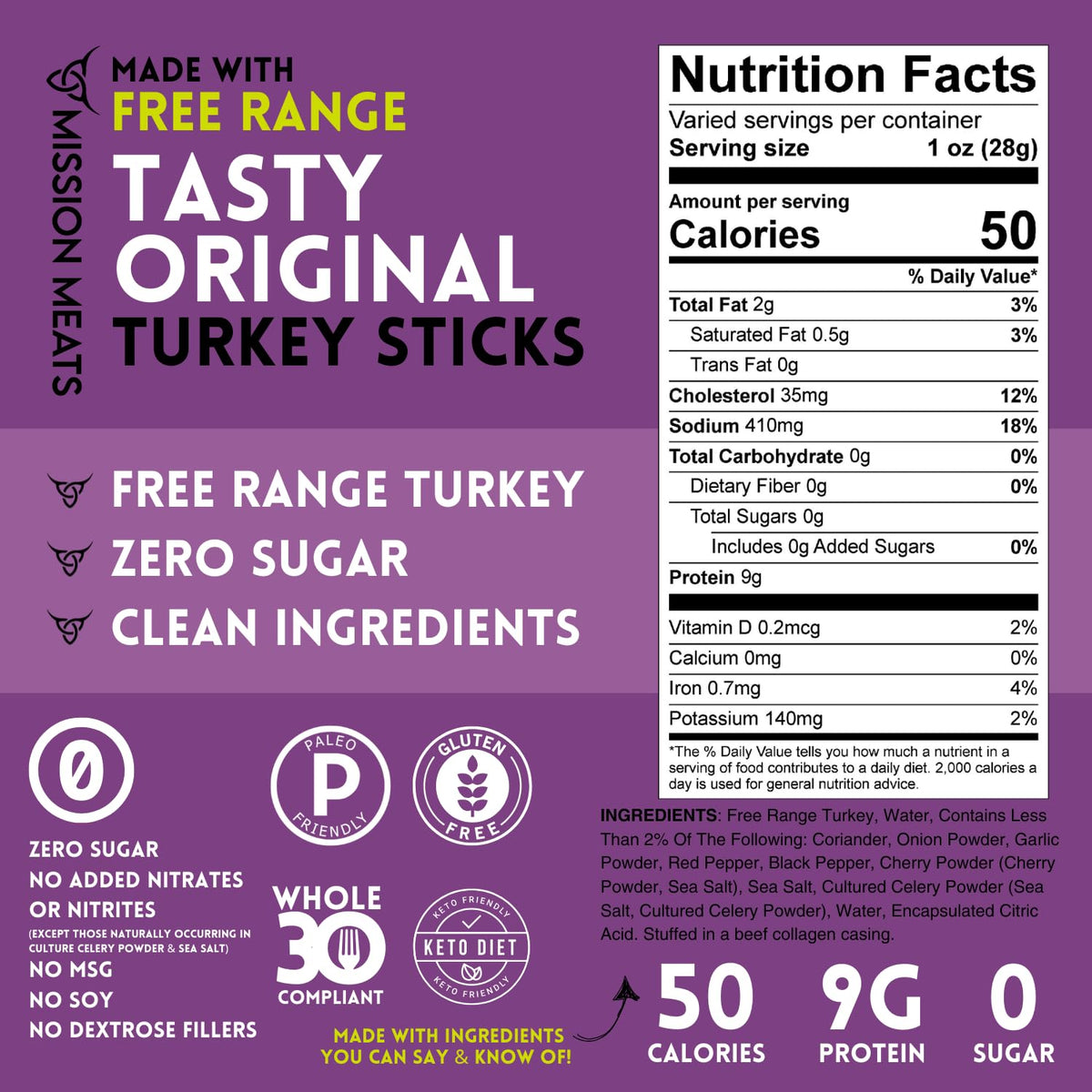 Mission Meats Turkey Sticks – 100% Free Range, Zero Sugar, 9g Protein, 12ct Original | Gluten Free