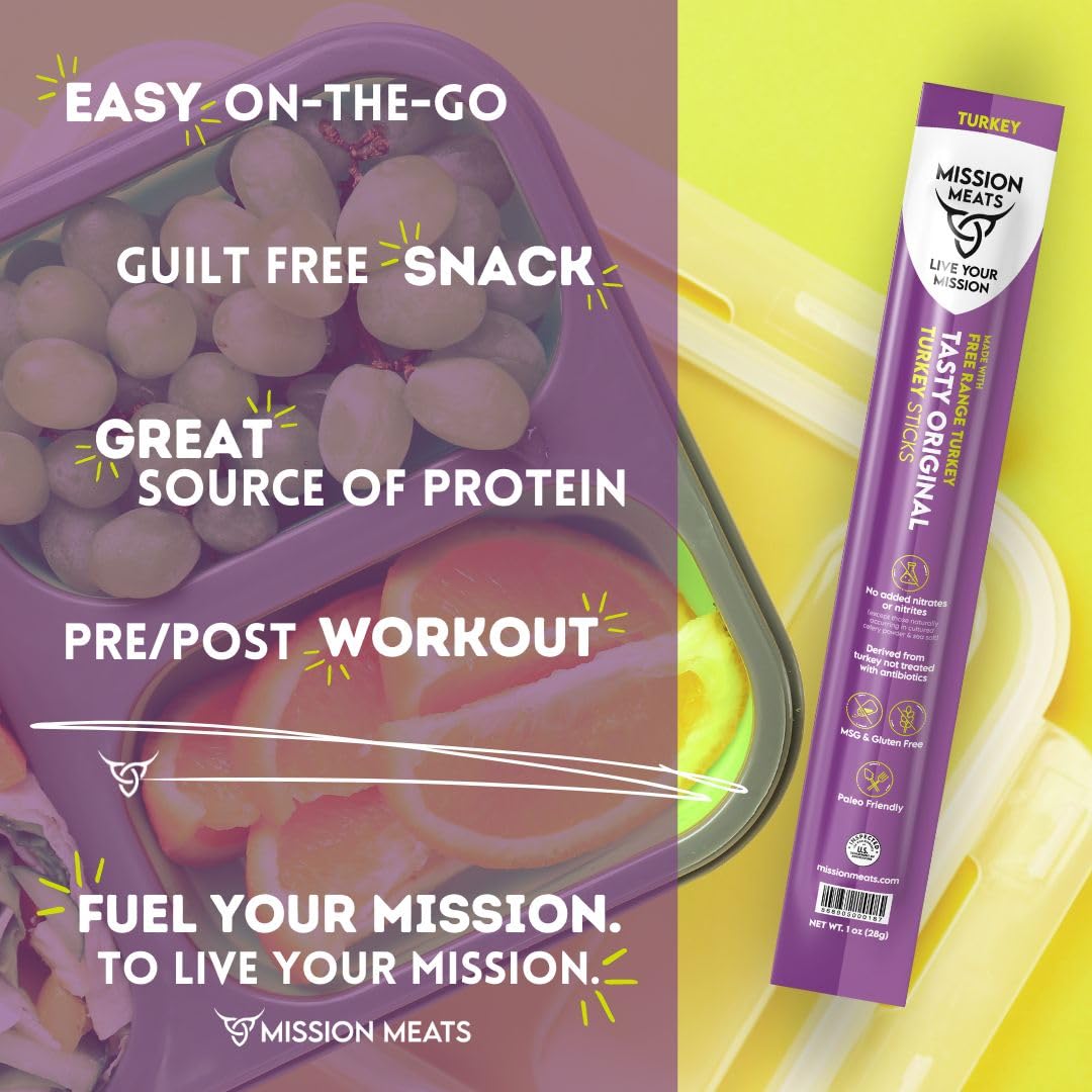 Mission Meats Turkey Sticks – 100% Free Range, Zero Sugar, 9g Protein, 12ct Original | Gluten Free