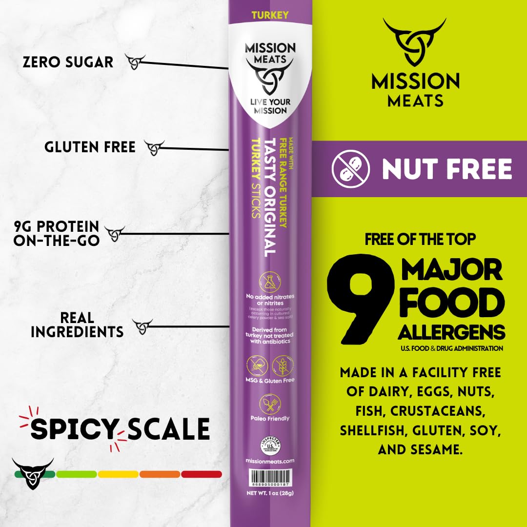 Mission Meats Turkey Sticks – 100% Free Range, Zero Sugar, 9g Protein, 12ct Original | Gluten Free