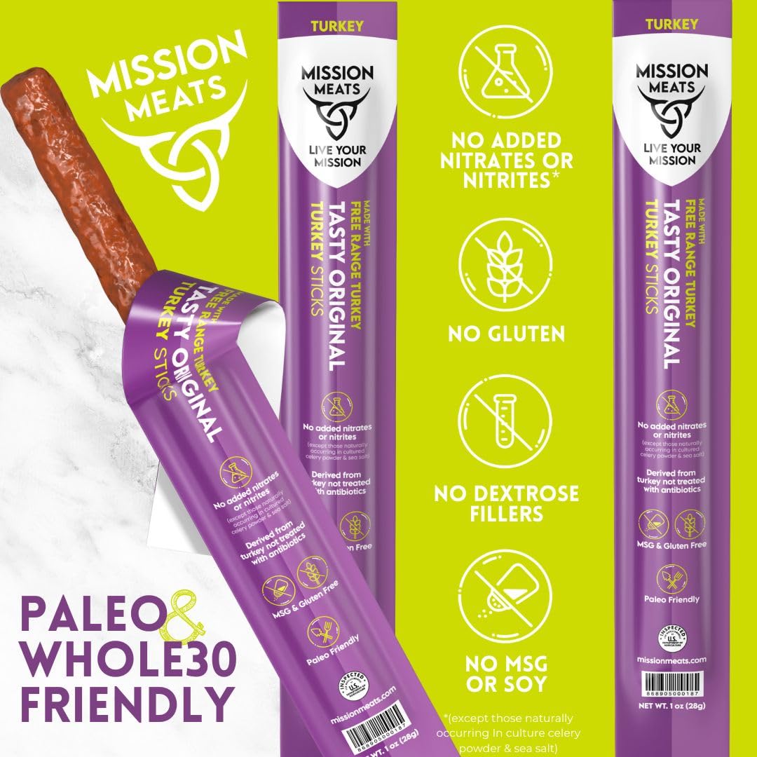 Mission Meats Turkey Sticks – 100% Free Range, Zero Sugar, 9g Protein, 12ct Original | Gluten Free