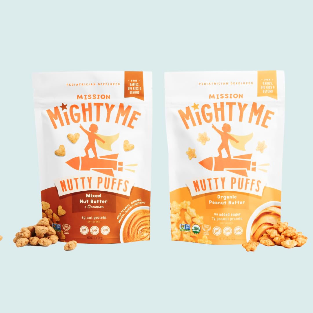 Mission Mighty Me Nutty Puffs – Peanut + Mixed Nut Butter Snacks for Babies & Kids | Plant-Based, Gluten-Free