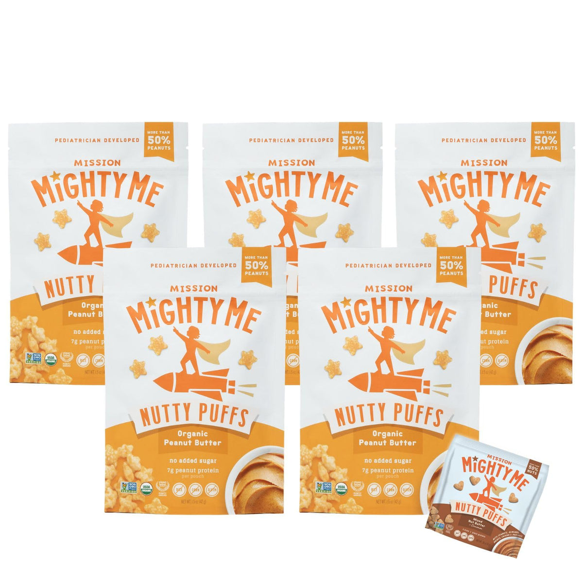 Mission Mighty Me Nutty Puffs: Organic Peanut Butter Puffs for Babies + Kids — Gluten-Free, Plant-Based Snack (6 Pack)