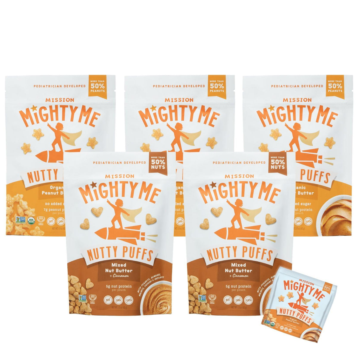 Mission Mighty Me Nutty Puffs – Peanut + Mixed Nut Butter Snacks for Babies & Kids | Plant-Based, Gluten-Free