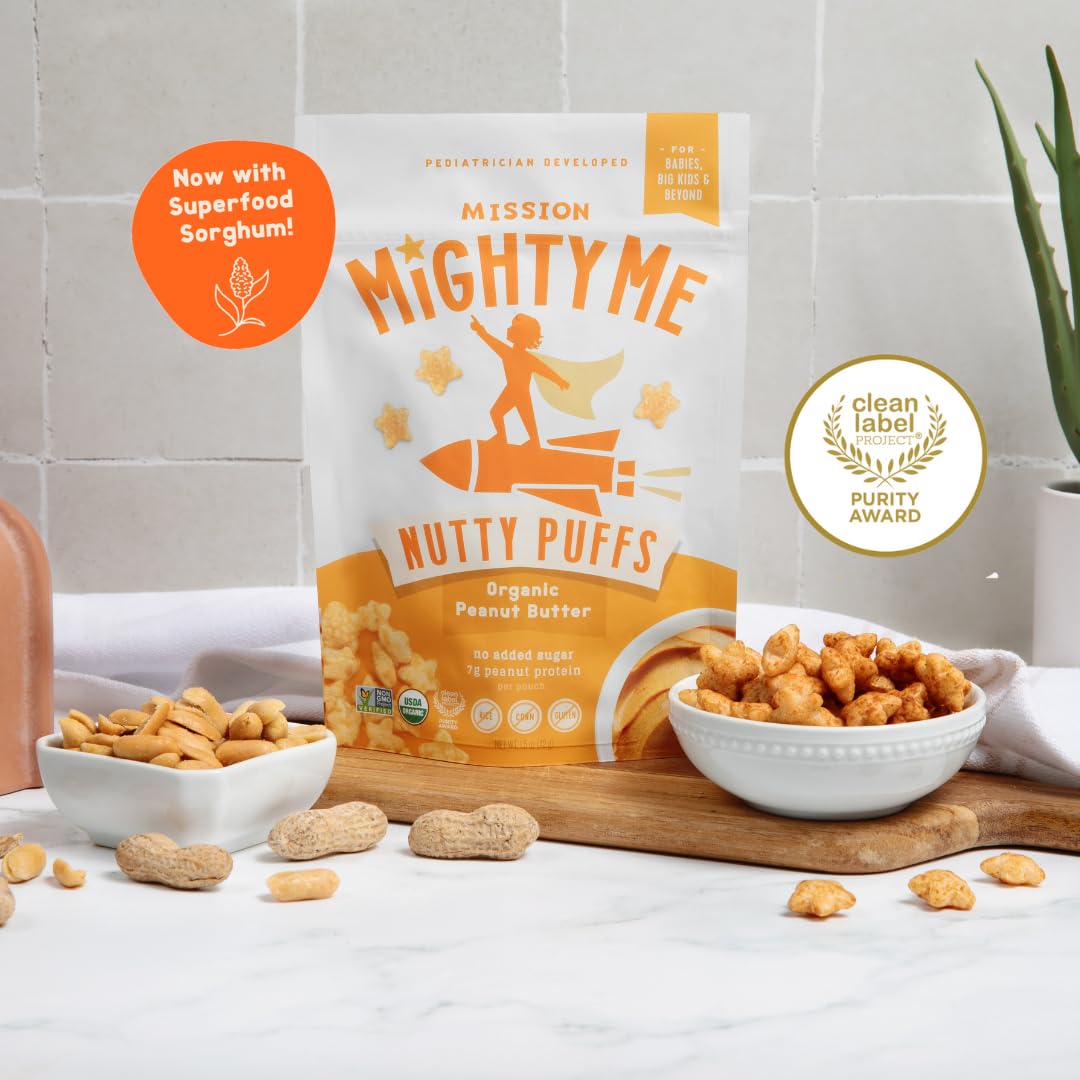 Mission Mighty Me Nutty Puffs: Organic Peanut Butter Puffs for Babies + Kids — Gluten-Free, Plant-Based Snack (6 Pack)