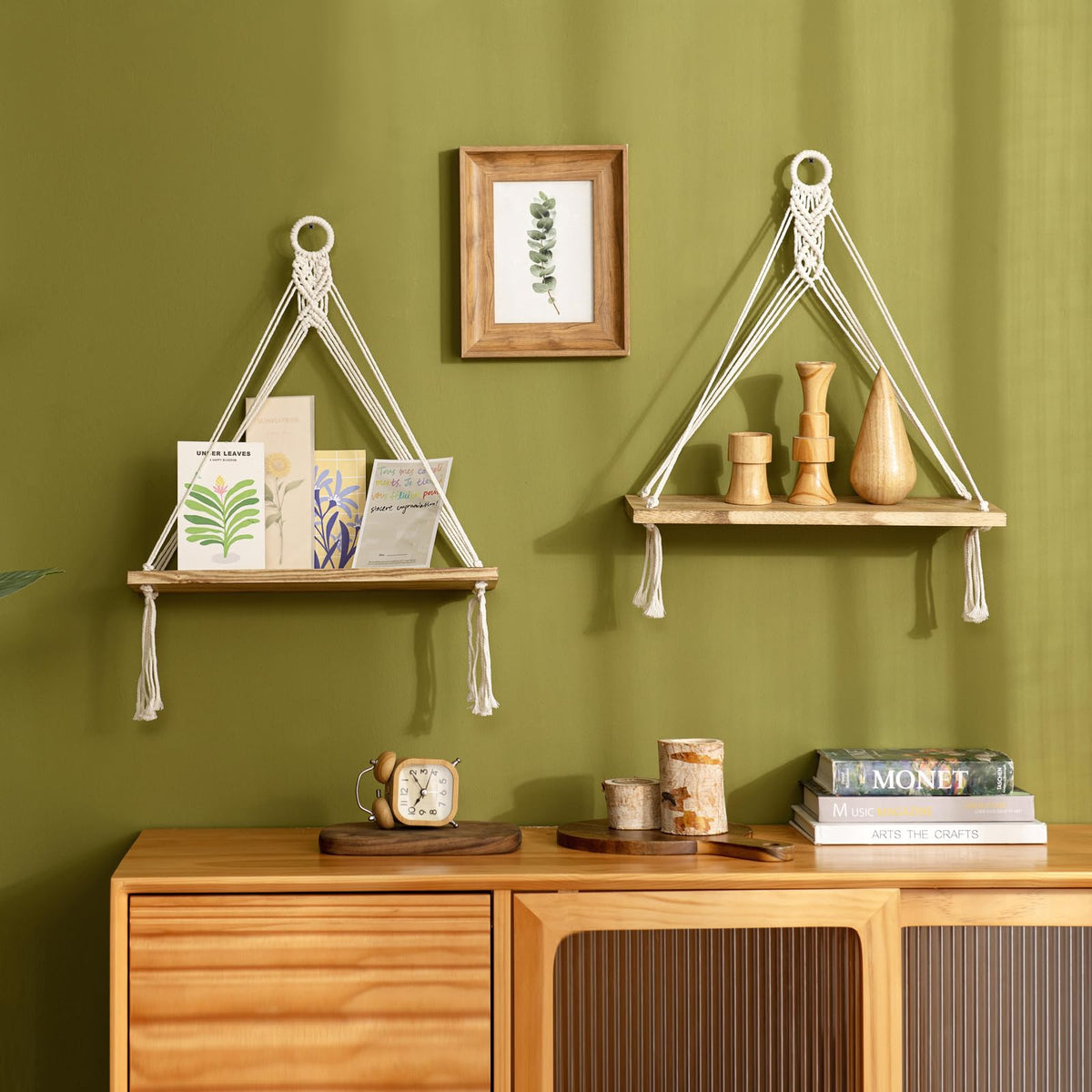 Mkono Macrame Hanging Shelves Boho Wall Decor Set of 2 Floating Wood Shelf
