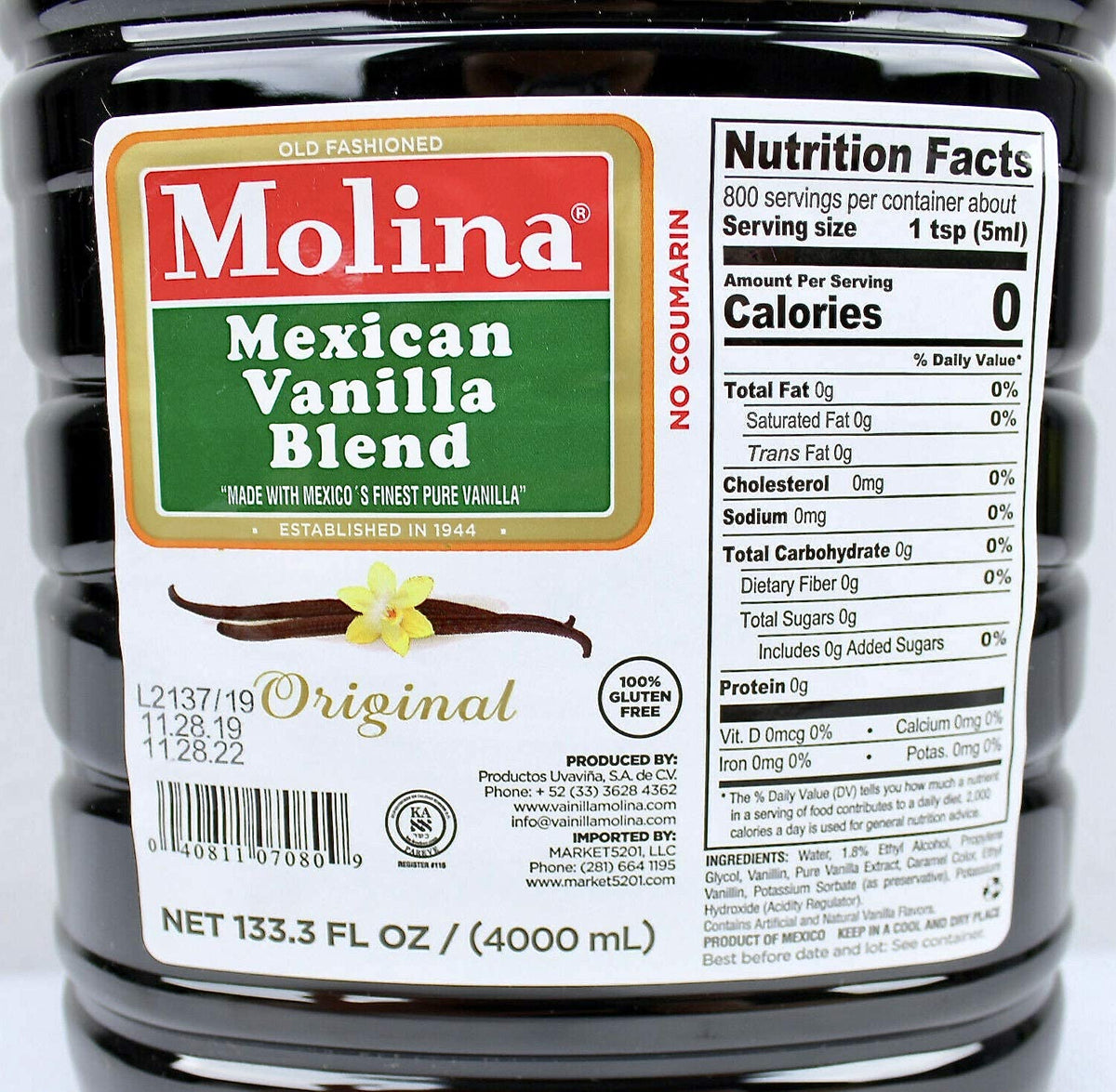 Molina Vanilla Original Blend – Mexican Vanilla 133.3 fl oz / 4000 ml
