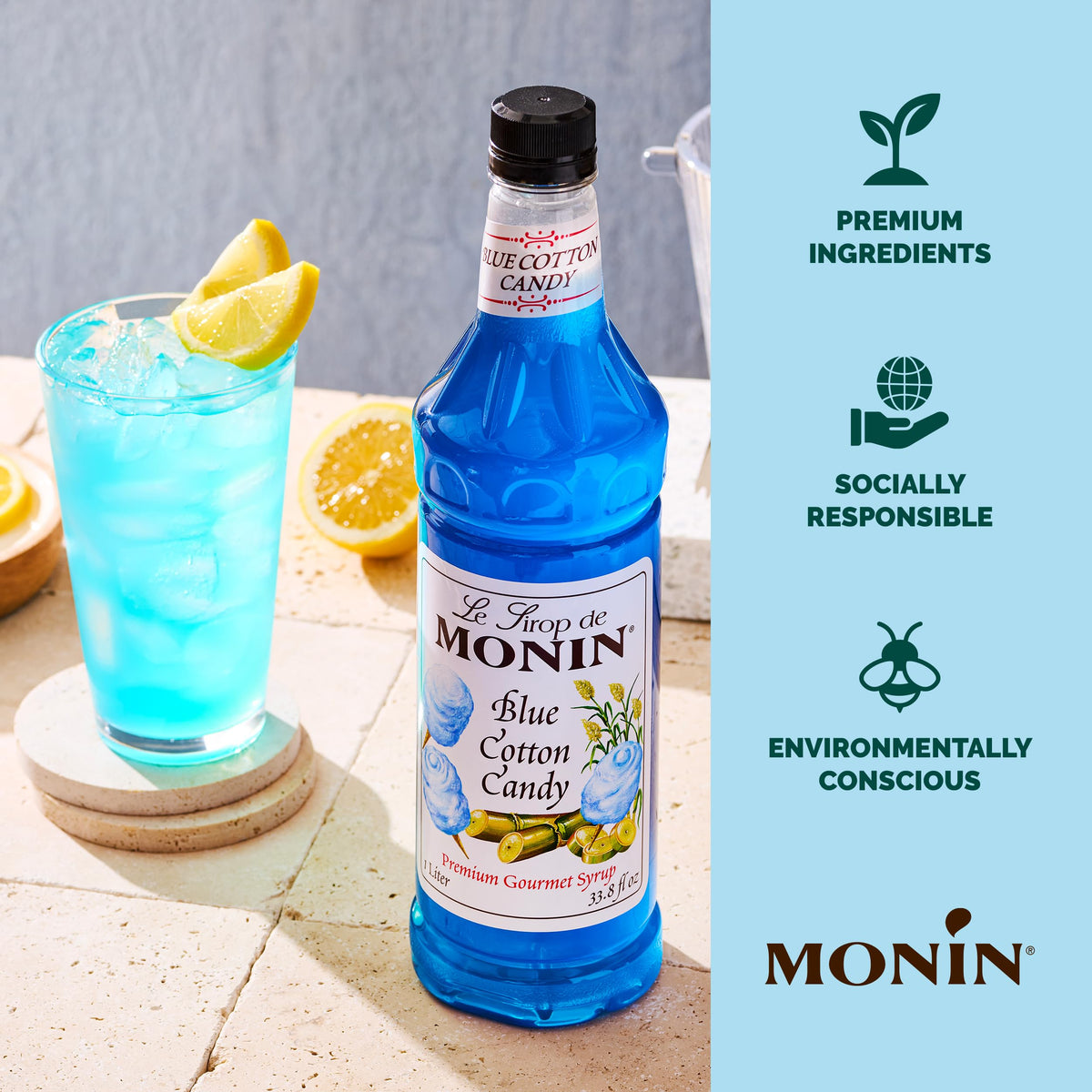 Monin Blue Cotton Candy Syrup – 33.8 fl oz (Pack of 4) | Gluten Free, Kosher, No HFCS