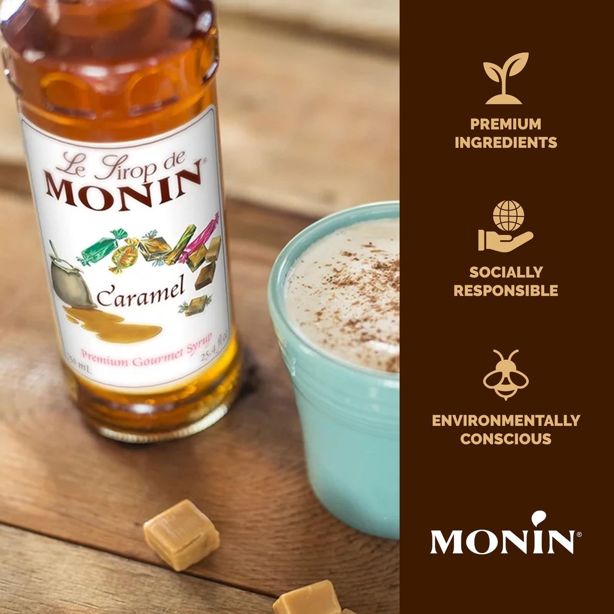 Monin Caramel Syrup – Rich, Buttery Flavor for Desserts, Coffee & Cocktails | 1L (2-Pack)