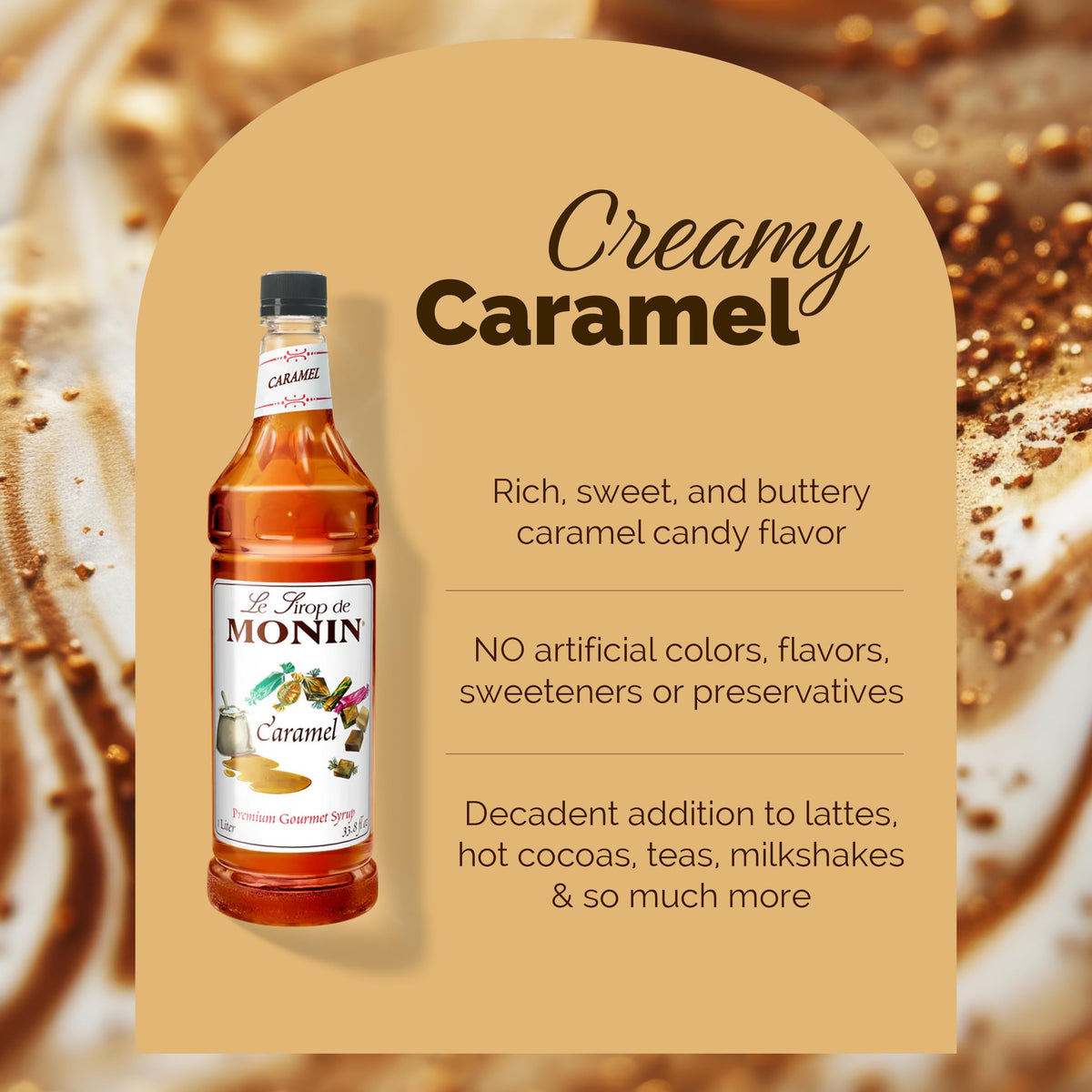Monin Caramel Syrup – Rich, Buttery Flavor for Desserts, Coffee & Cocktails | 1L (2-Pack)