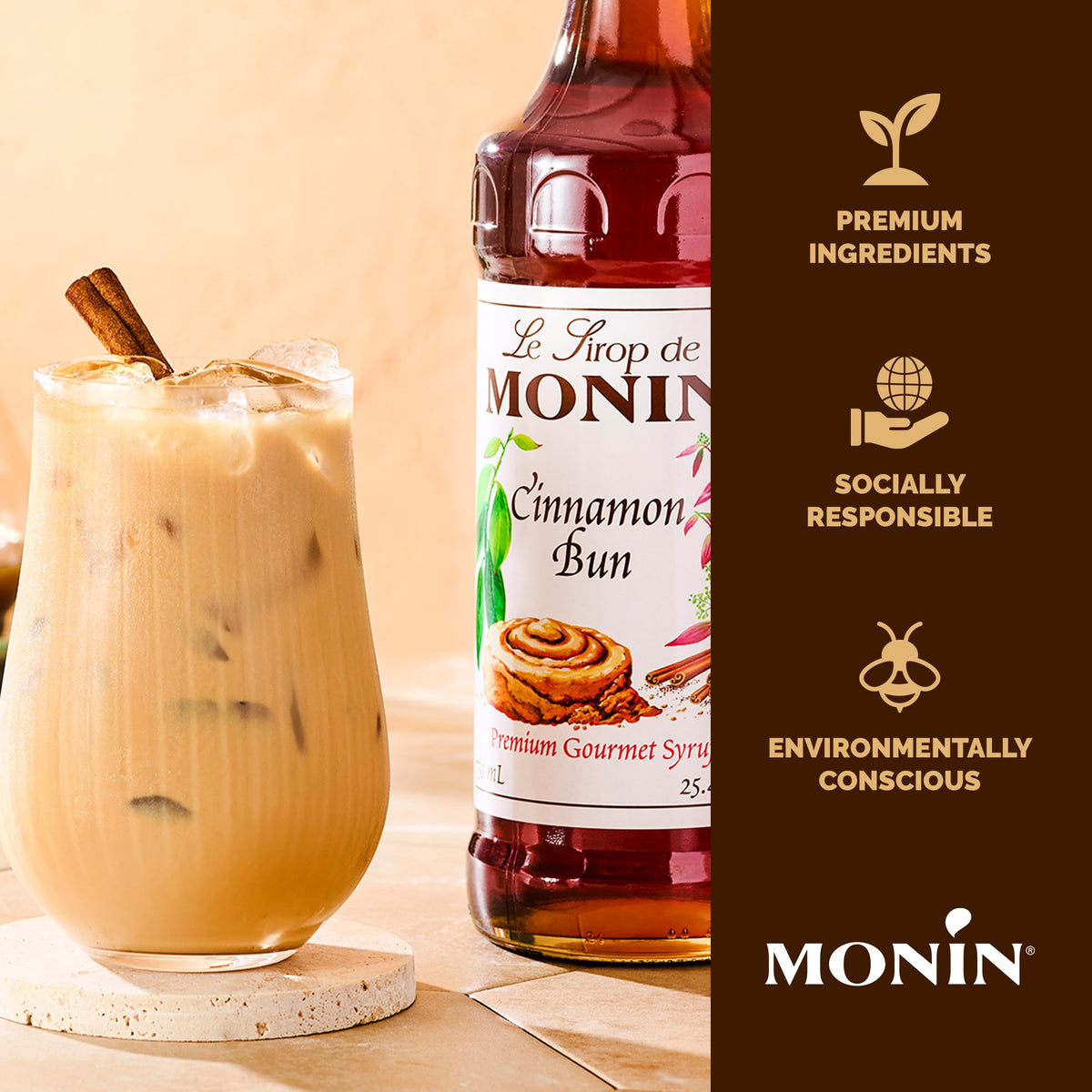 Monin Cinnamon Bun Syrup | Clean-Label Flavor for Coffees & Cocktails | 1 Liter
