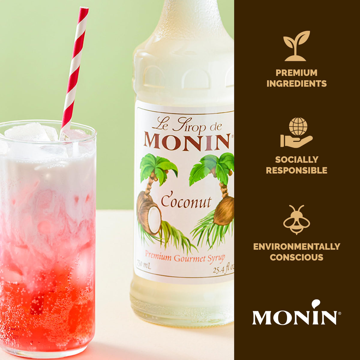 Monin Coconut Syrup – Creamy Tropical Flavor, 1L x2, Gluten-Free & Non-GMO
