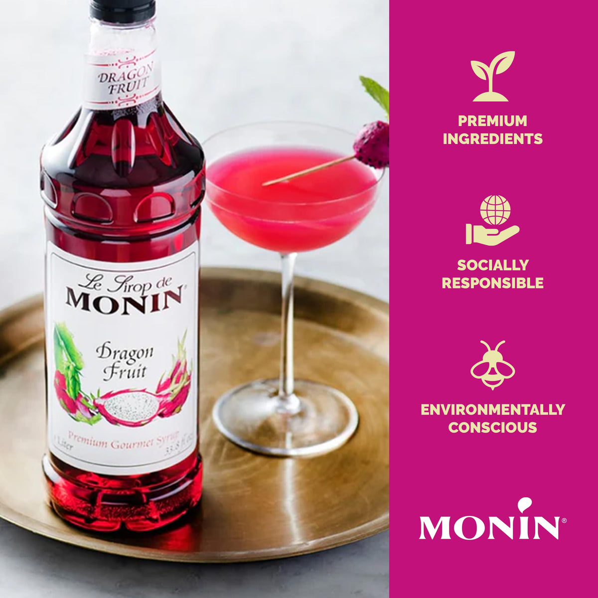 Monin Dragon Fruit Syrup - 1 L | Gluten-Free & Non-GMO, Great for Cocktails & Teas