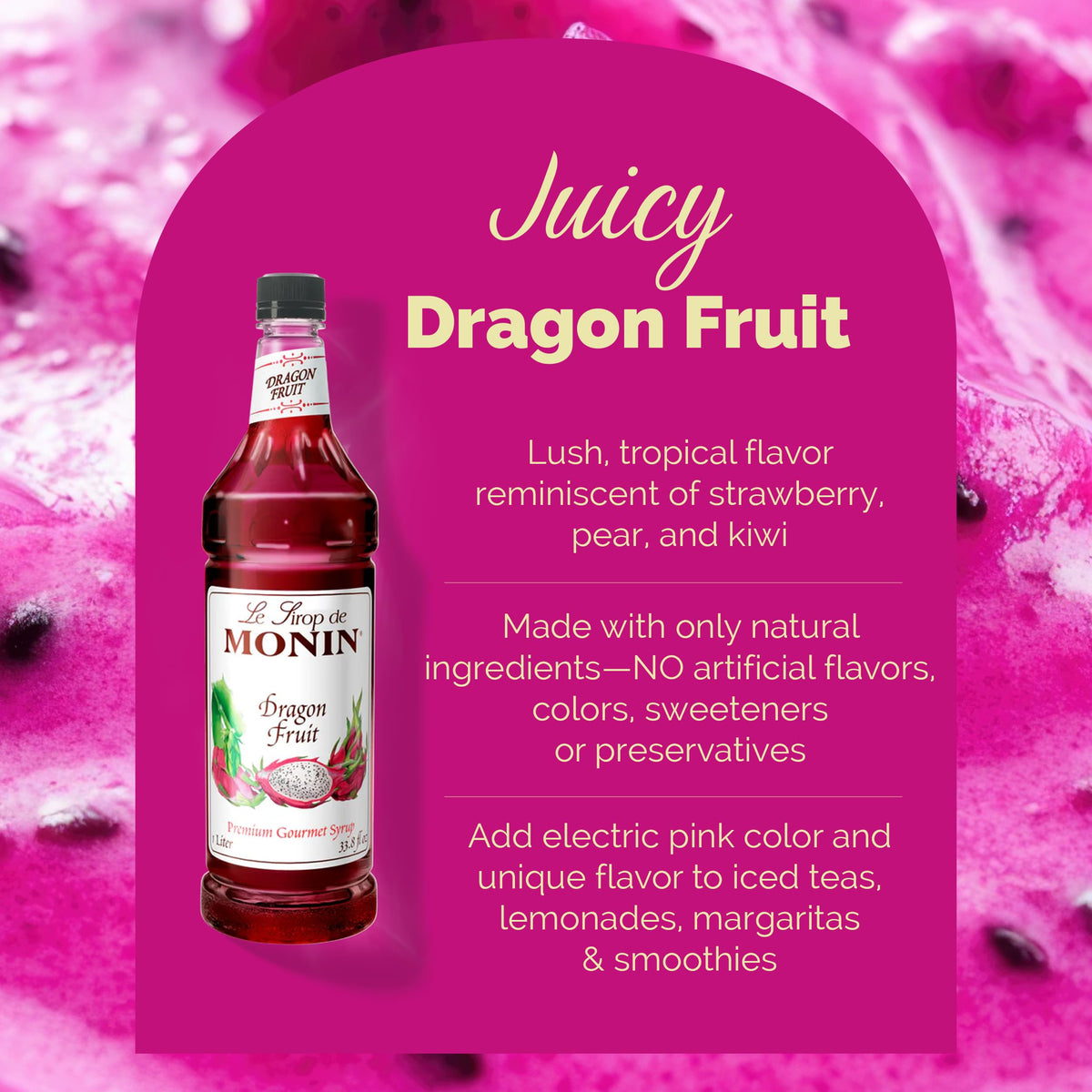 Monin Dragon Fruit Syrup - 1 L | Gluten-Free & Non-GMO, Great for Cocktails & Teas