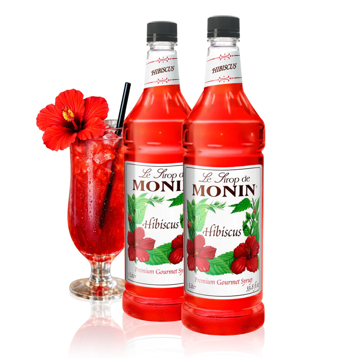 Monin Hibiscus Syrup – Floral Flavor for Cocktails, Teas & Lemonades | 1L x 2-Pack, Gluten-Free & Non-GMO