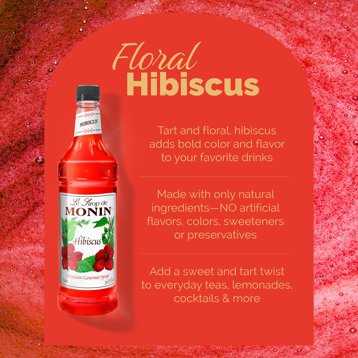 Monin Hibiscus Syrup – Floral Flavor for Cocktails, Teas & Lemonades | 1L x 2-Pack, Gluten-Free & Non-GMO