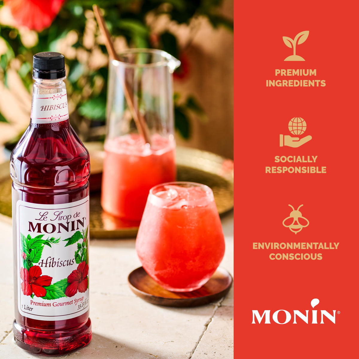 Monin Hibiscus Syrup – Floral Flavor for Cocktails, Teas & Lemonades | 1L x 2-Pack, Gluten-Free & Non-GMO