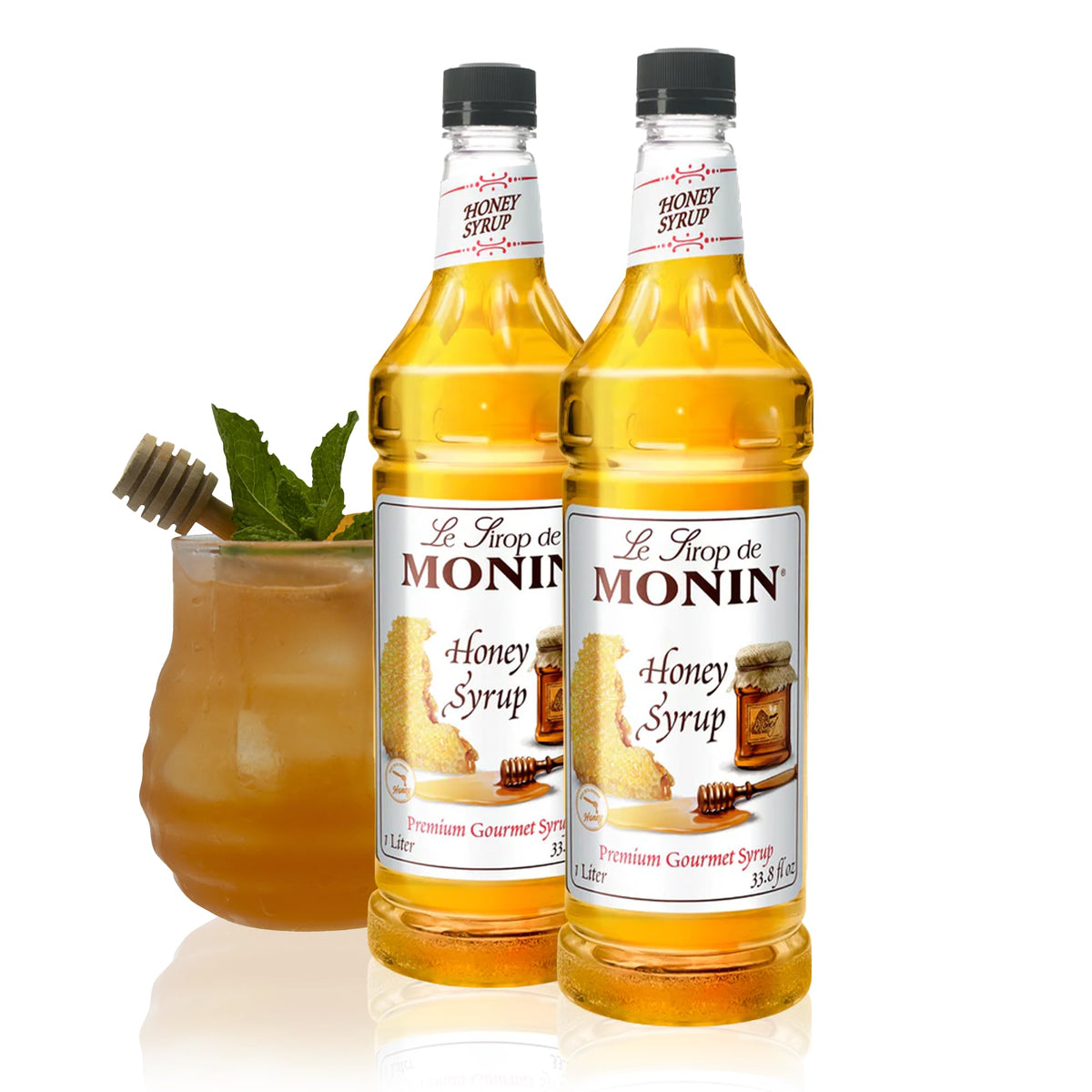 Monin Honey Syrup - Smooth Honey Flavor for Tea, Lemonade, Cocktails & Coffee (1L, 2-Pack)