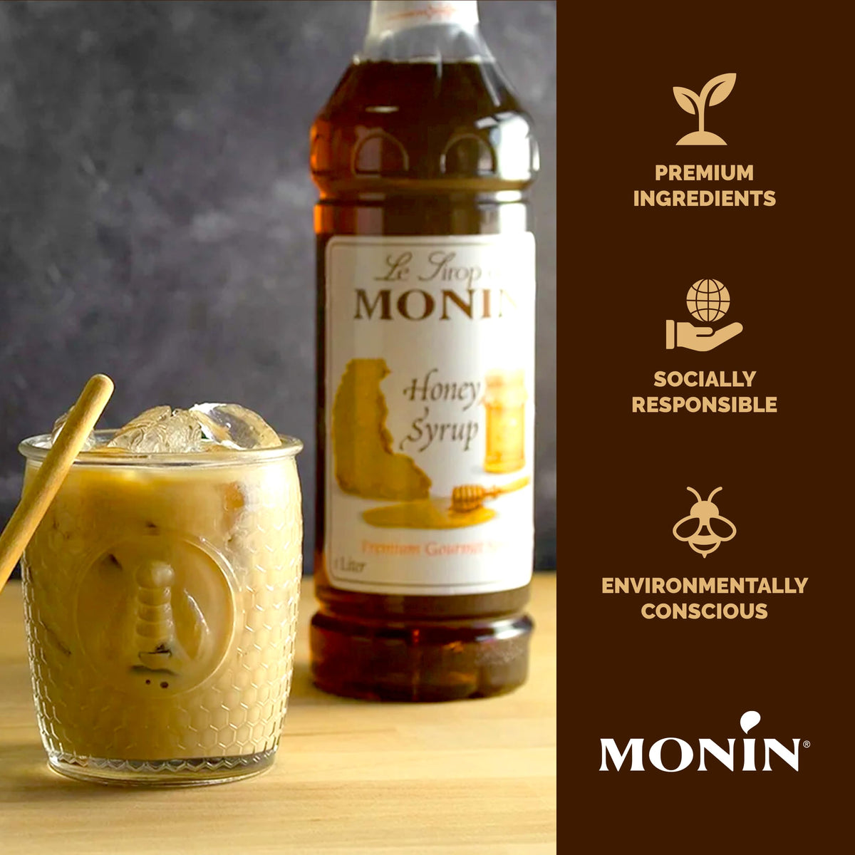 Monin Honey Syrup - Smooth Honey Flavor for Tea, Lemonade, Cocktails & Coffee (1L, 2-Pack)