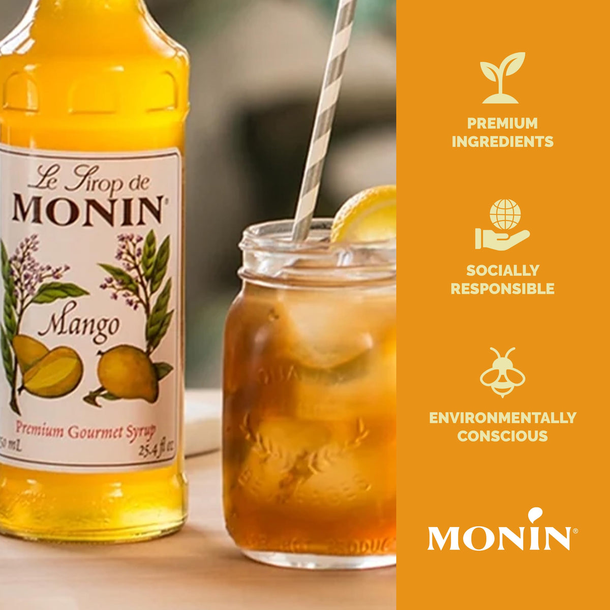 Monin Mango Syrup – Tropical, Gluten-Free, Non-GMO, 1L Pack of 2