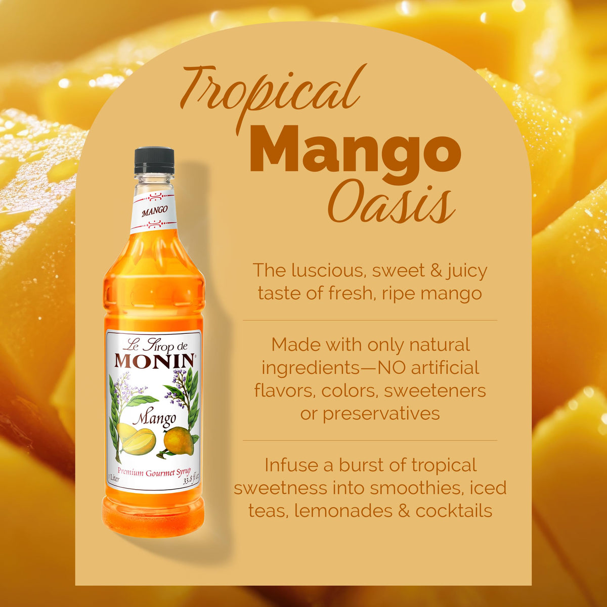 Monin Mango Syrup – Tropical, Gluten-Free, Non-GMO, 1L Pack of 2