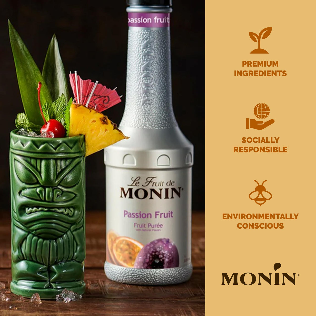 Monin Passion Fruit Puree - Premium Clean Label Purée for Cocktails & Smoothies | 1L Bottle