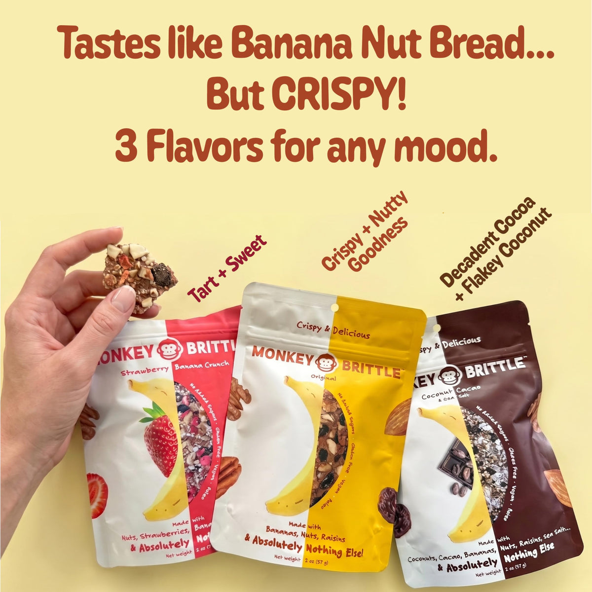 Monkey Brittle Healthy Snacks — Crispy Plant-Based Treats, Vegan & Gluten-Free (Pack of 6)