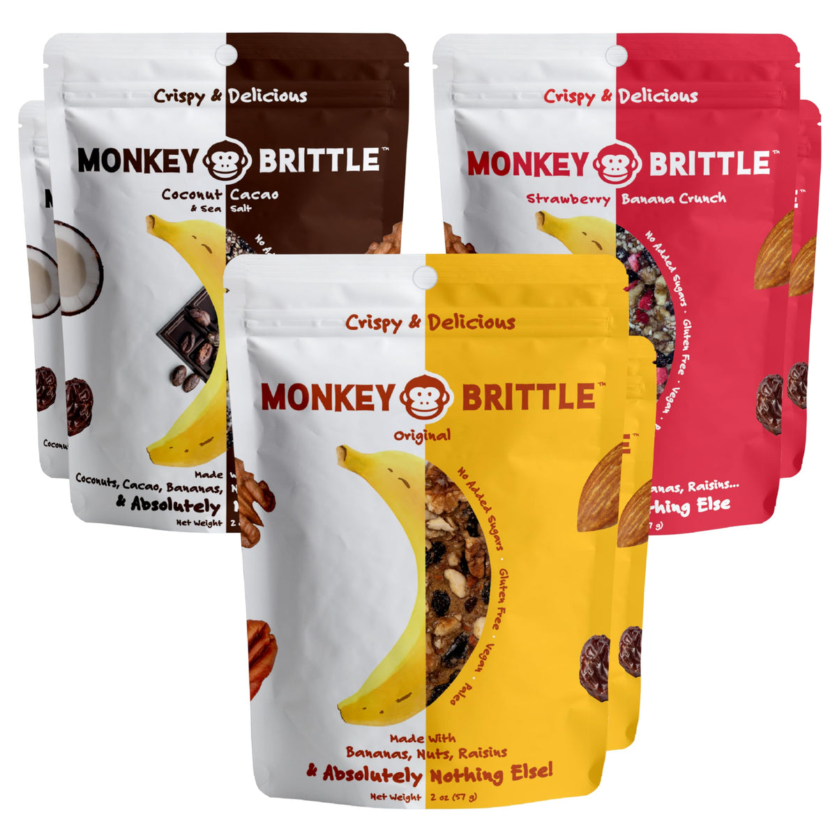 Monkey Brittle Healthy Snacks — Crispy Plant-Based Treats, Vegan & Gluten-Free (Pack of 6)