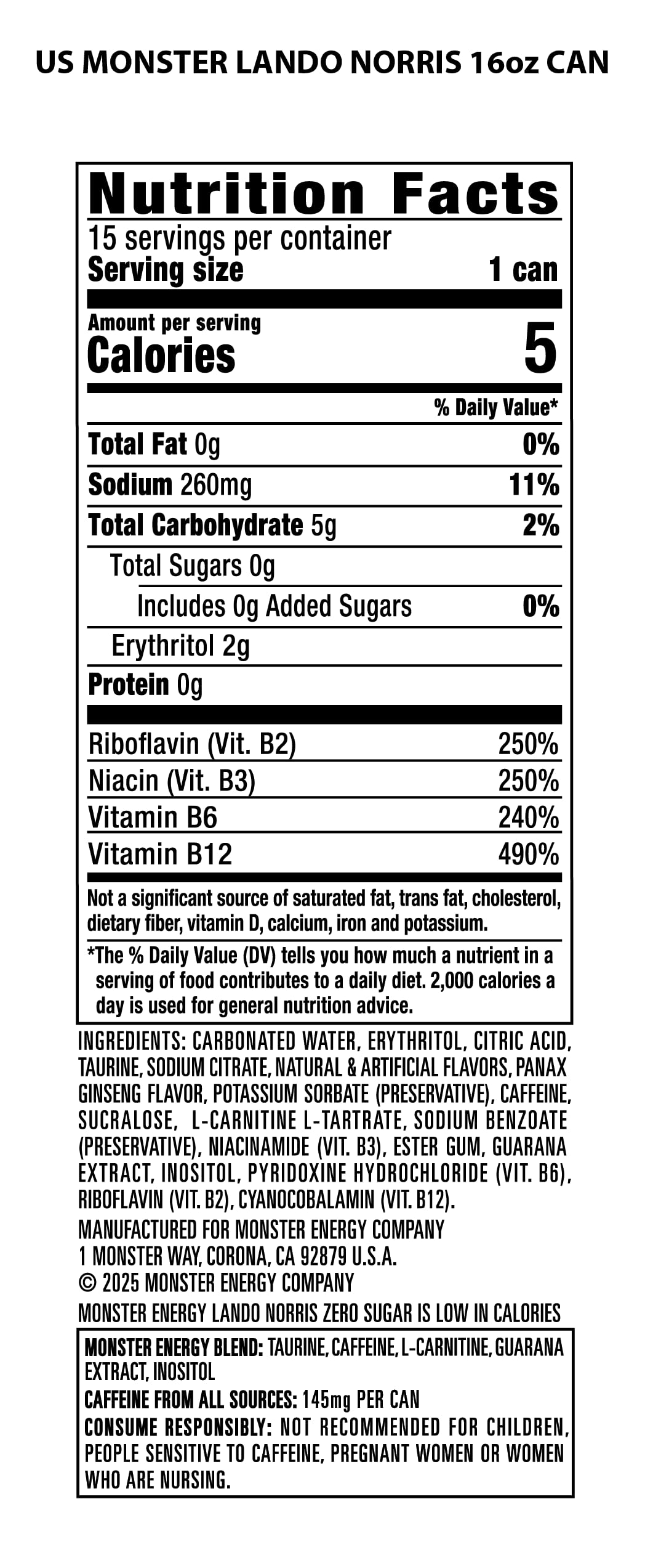 Monster Energy Lando Norris Zero Sugar – 16oz Can Pack of 15 | Bold Melon Yuzu Flavor