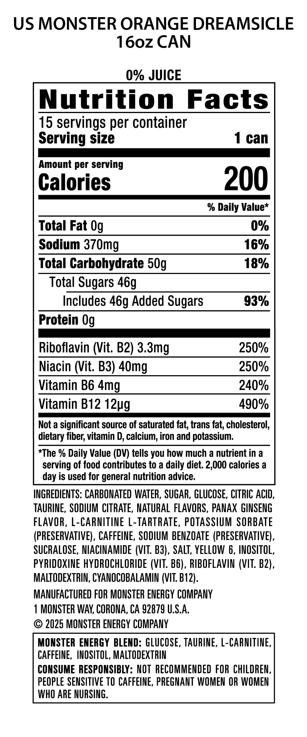 Monster Energy Orange Dreamsicle – 16 oz Can Pack of 15 | Bold Orange Vanilla Energy