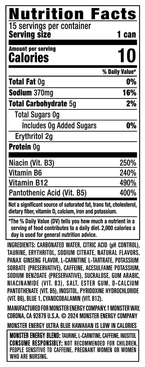 Monster Energy Ultra Blue Hawaiian – Sugar Free Energy Drink, 16 Ounce