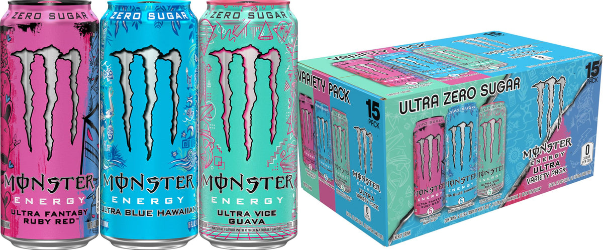 Monster Energy Ultra Variety Pack – Zero Sugar, 15 Cans (Blue Hawaiian, Vice Guava, Ruby Red)