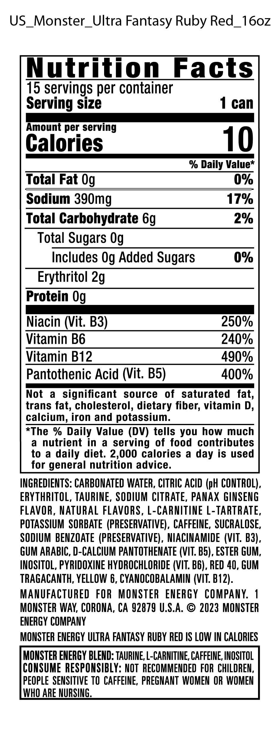 Monster Energy Ultra Fantasy Ruby Red – Zero Sugar Citrus Energy Drink, 16 oz