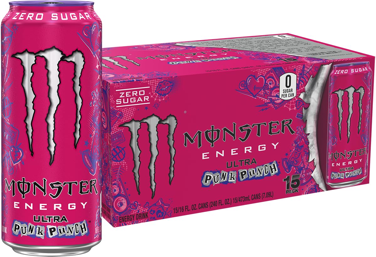 Monster Ultra Punk Punch Sugar Free Energy Drink – 16oz Can (Pack of 15)