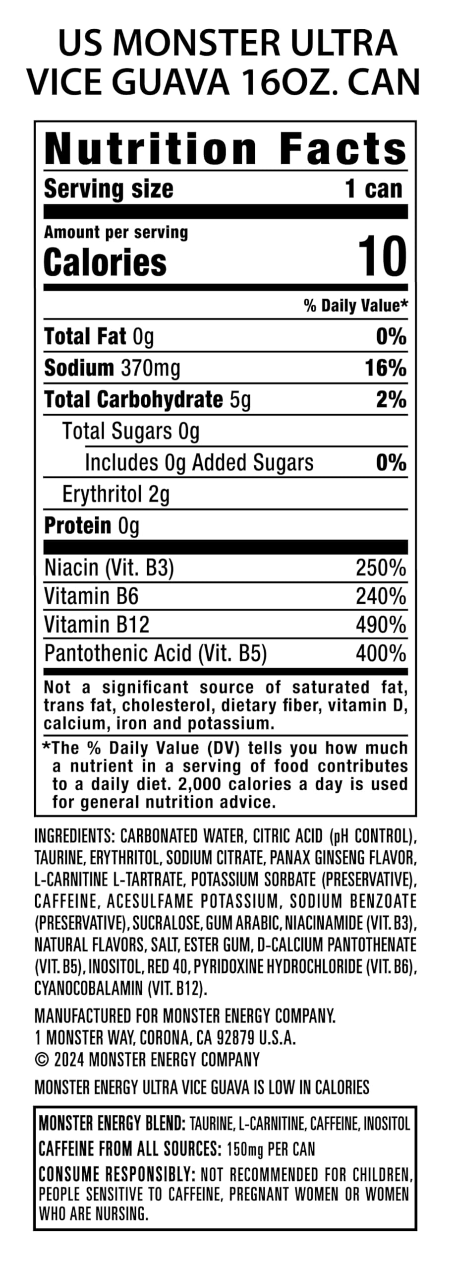 Monster Energy Ultra Vice Guava – Sugar-Free 16oz Energy Drink (Pack of 15)