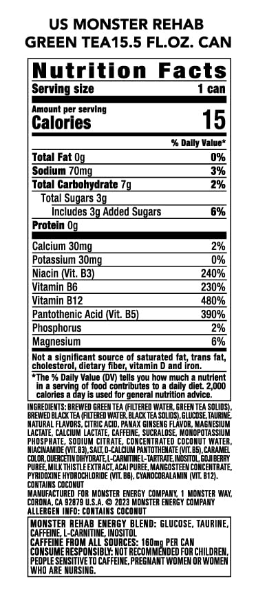 Monster Rehab Green Tea + Energy Drink – Non-Carbonated, 25 Cal, Hydration & Focus