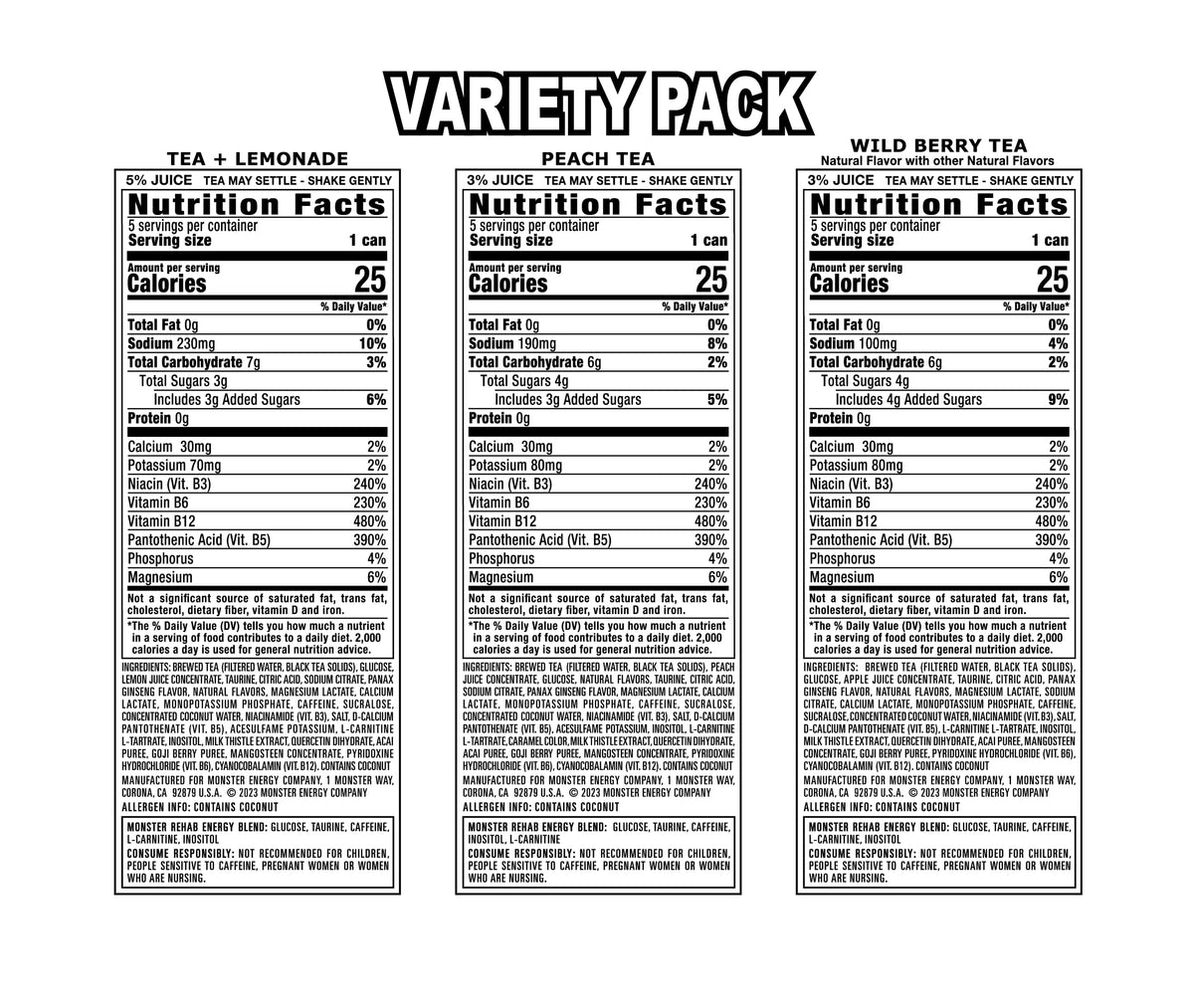 Monster Rehab Variety Pack – Tea + Energy, 25 Calories per Can, 15.5 oz