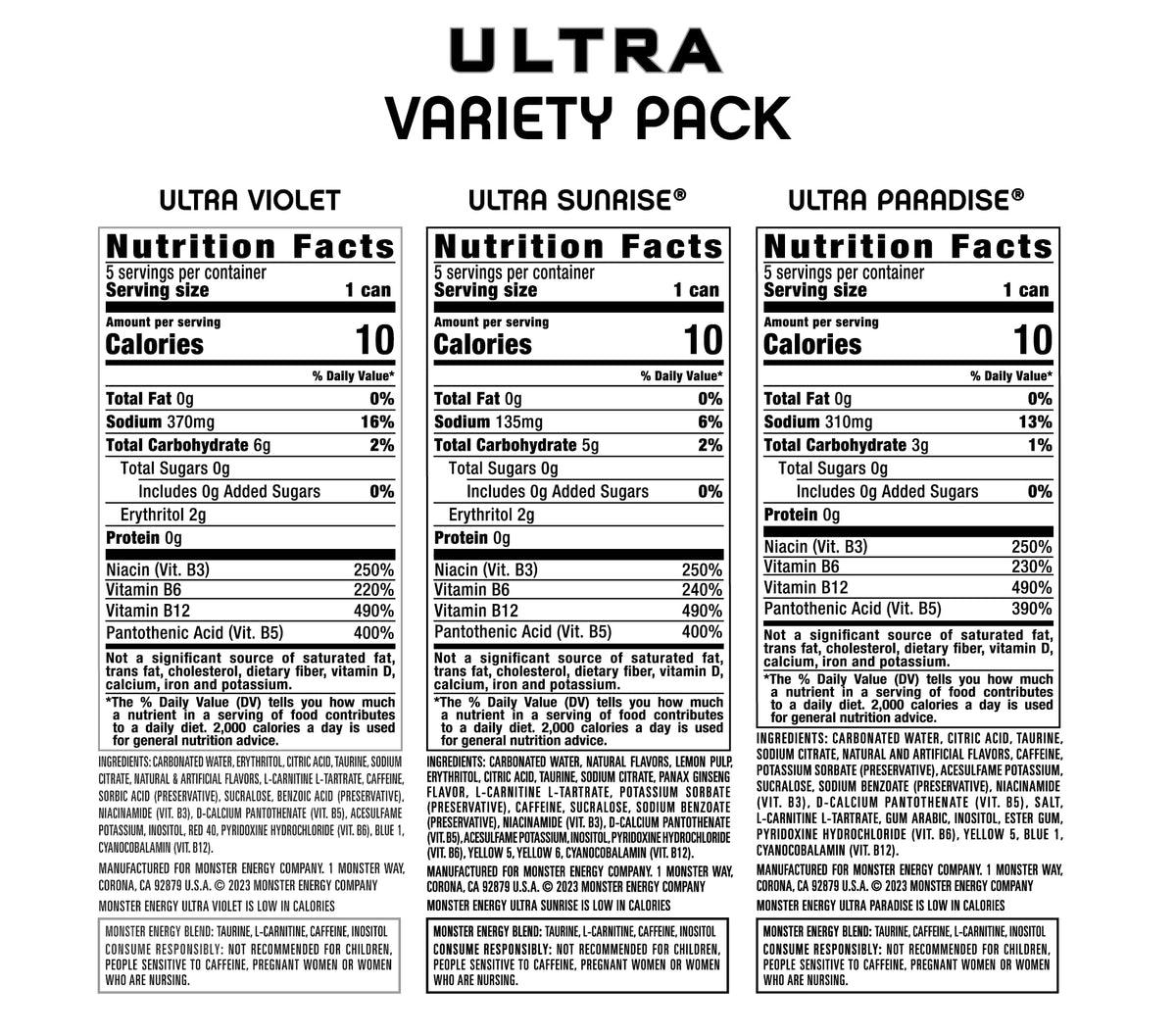 Monster Ultra Variety Pack – Sugar Free Energy, 16 oz (Violet, Sunrise, Paradise)