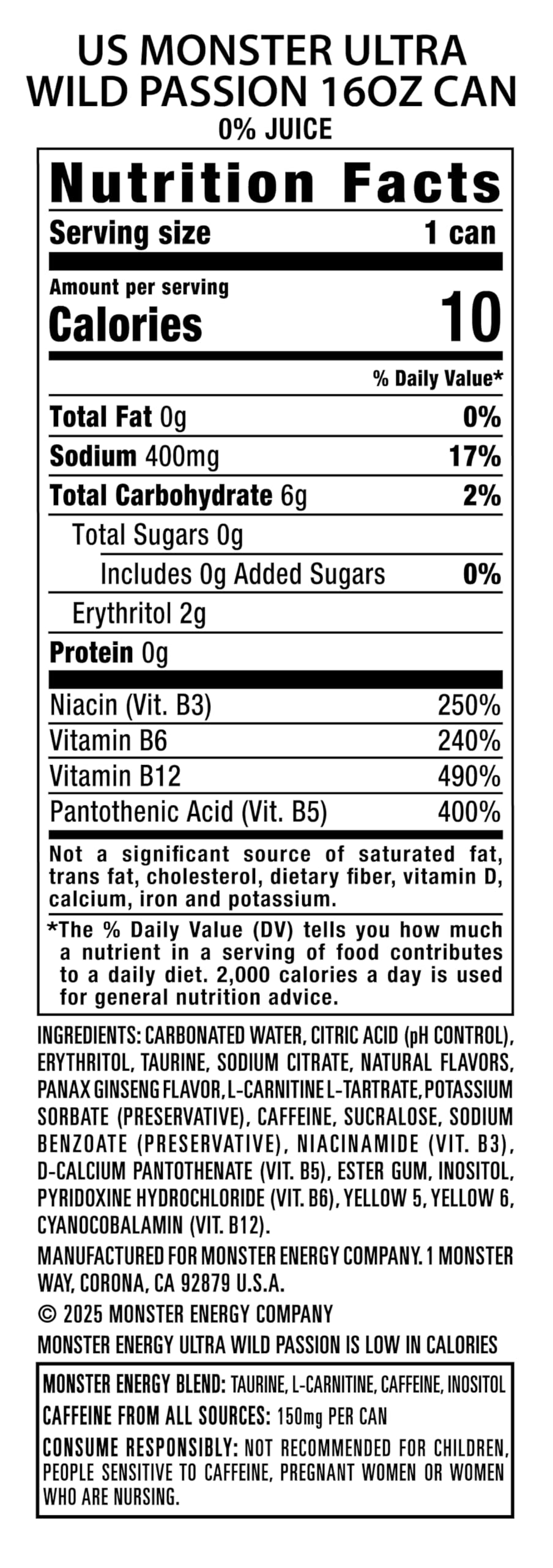 Monster Energy Ultra Wild Passion Sugar Free Energy Drink – 16 oz Can Pack of 15