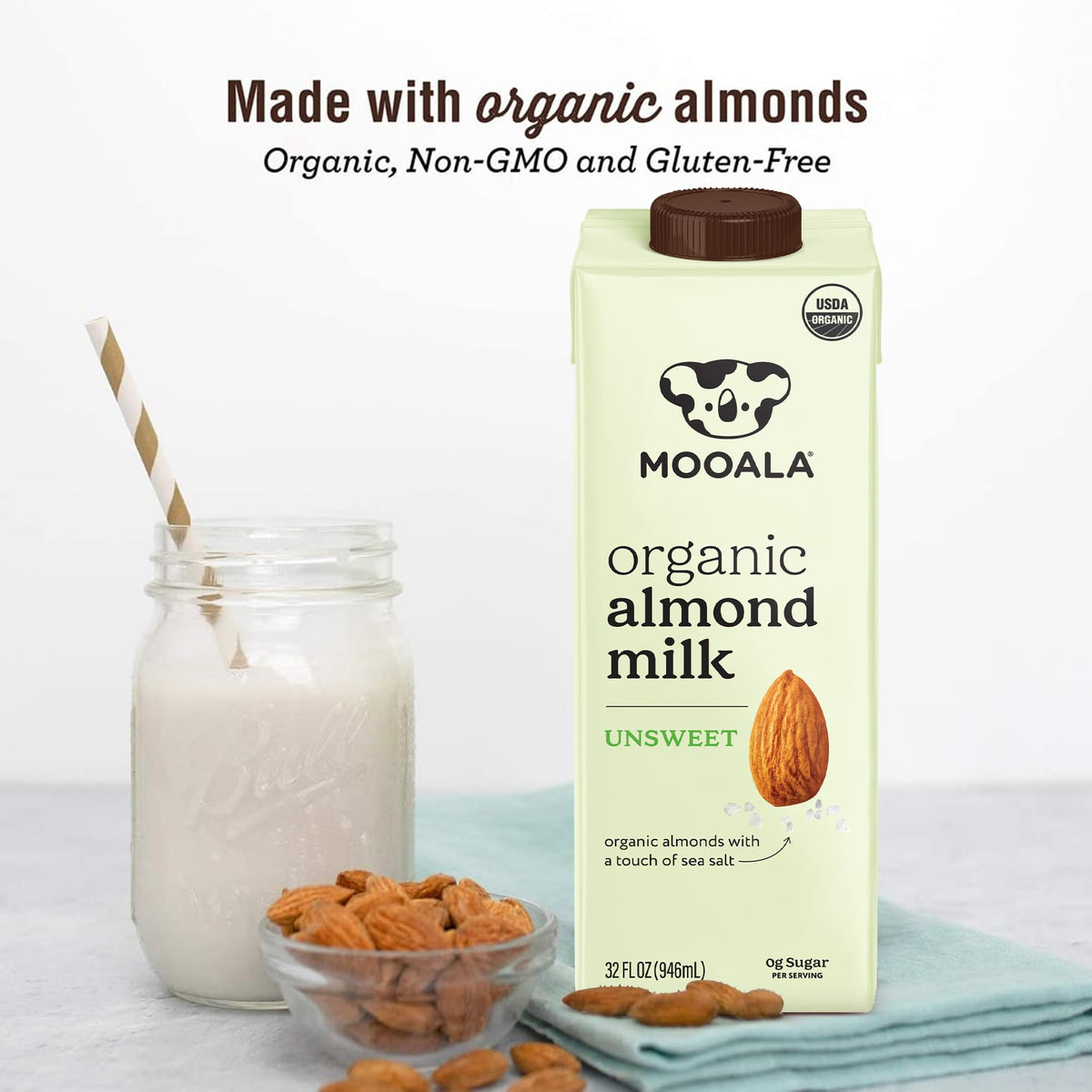 Mooala Organic Almond Milk Unsweetened – 32 fl oz (Pack of 6) | Shelf-Stable, Dairy-Free & Gluten-Free