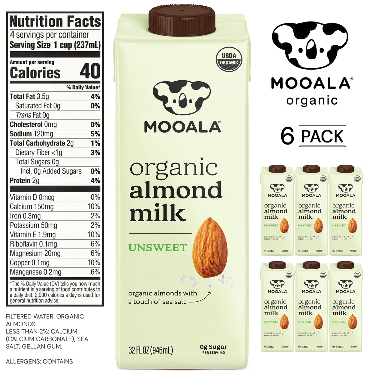 Mooala Organic Almond Milk Unsweetened – 32 fl oz (Pack of 6) | Shelf-Stable, Dairy-Free & Gluten-Free