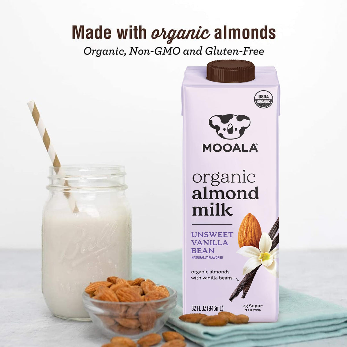 Mooala Organic Vanilla Bean Almond Milk Unsweetened — 6-Pack, Shelf-Stable, Dairy-Free