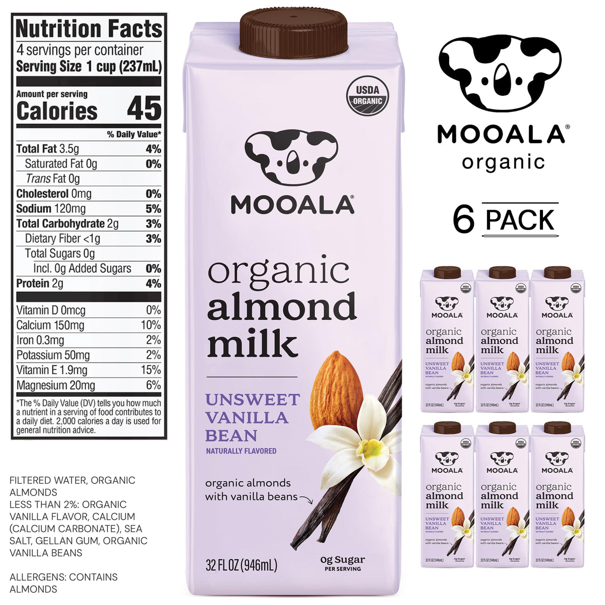 Mooala Organic Vanilla Bean Almond Milk Unsweetened — 6-Pack, Shelf-Stable, Dairy-Free