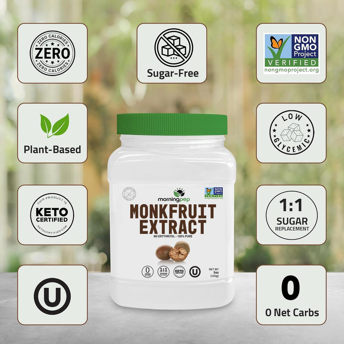 Morning Pep Monk Fruit Sweetener – 100% Pure, Zero Calories, 450+ Servings, Non-GMO, Keto, OU Kosher, 5 oz