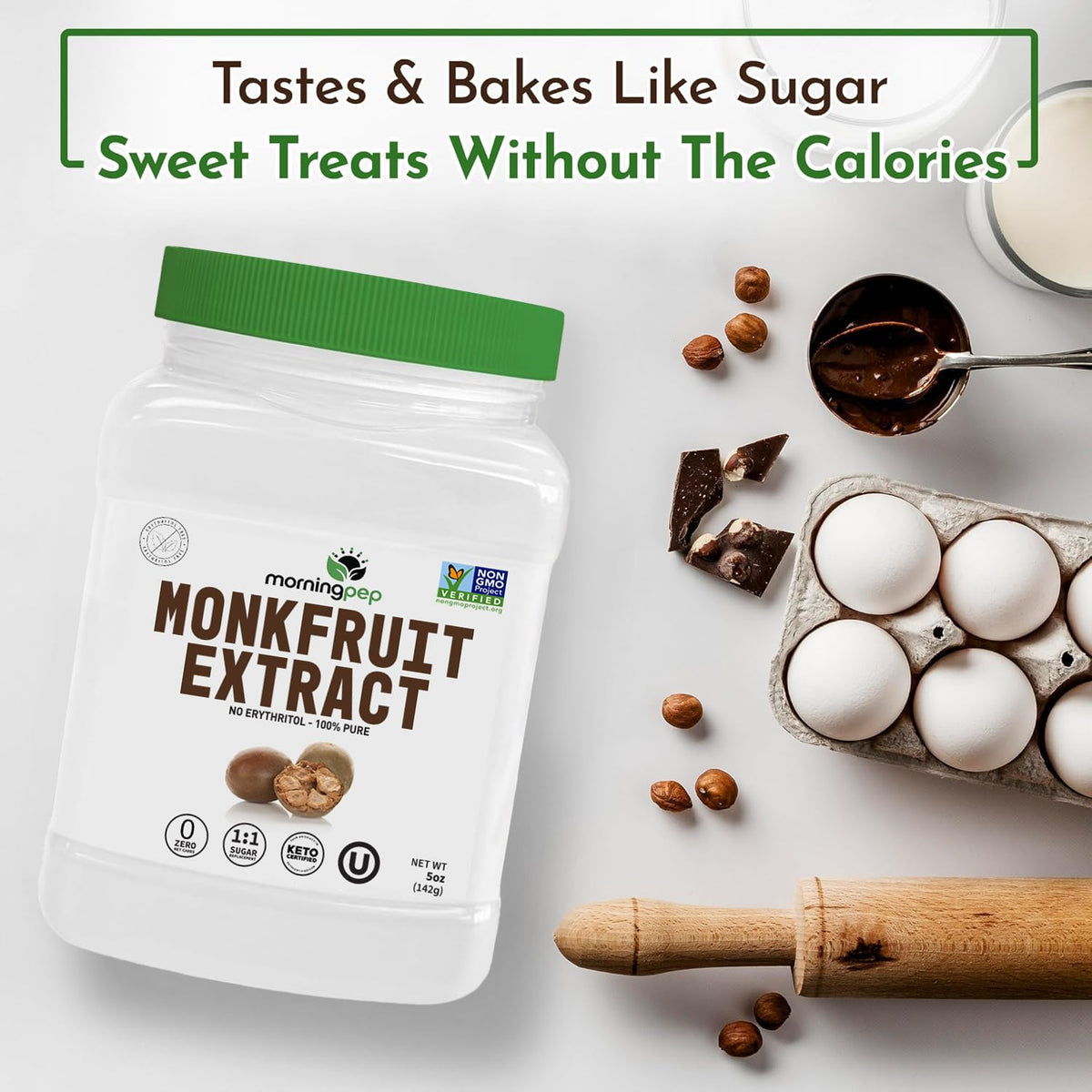 Morning Pep Monk Fruit Sweetener – 100% Pure, Zero Calories, 450+ Servings, Non-GMO, Keto, OU Kosher, 5 oz