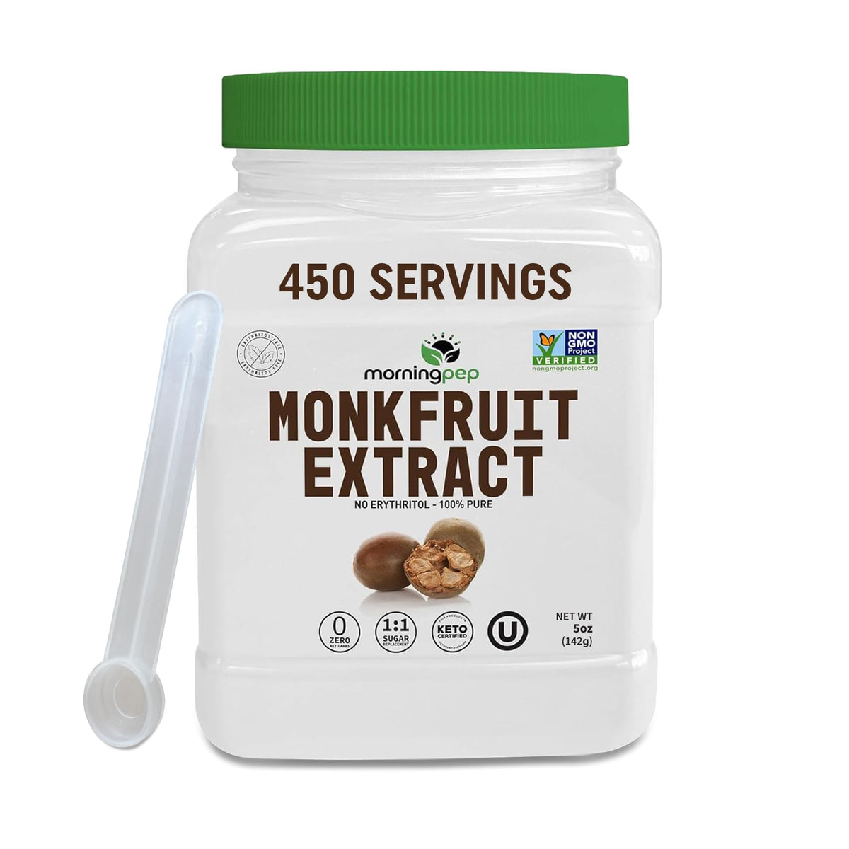 Morning Pep Monk Fruit Sweetener – 100% Pure, Zero Calories, 450+ Servings, Non-GMO, Keto, OU Kosher, 5 oz