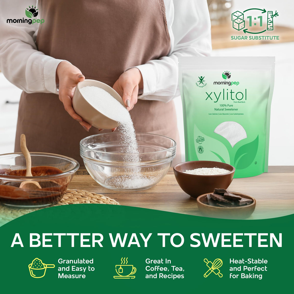 Morning Pep Pure Birch Xylitol – Keto-Friendly Sweetener with No Aftertaste (2.5 lb / 40 oz) Non-GMO, Kosher, Gluten Free, USA